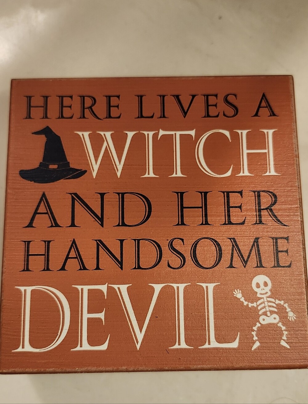 NWOT Halloween Here Lives Witch & Her Devil Plague Wooden Decor Wall Orange Art
